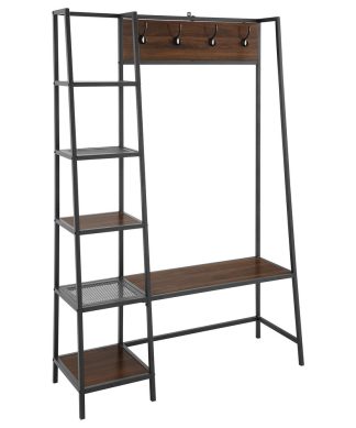 72" Modern Angled Side Metal and Wood Hall Tree With Storage, Dark Walnut