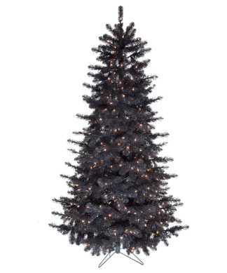 7' Spooky Black Tinsel Tree With Clear LED Incandescent Lighting