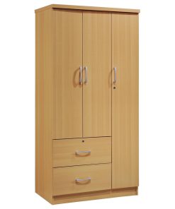 3-Door 36" Wide Armoire With 2-Drawers, Clothing Rod and 3-Shelves, Beech