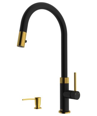 VIGO Bristol Pull-Down Kitchen Faucet With Soap Dispenser, Matte Brushed Gold/Ma