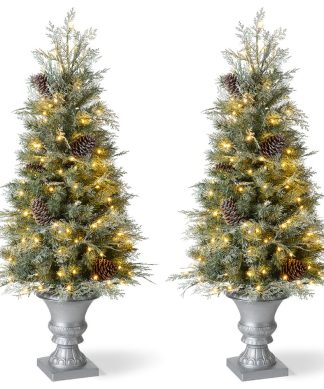 2-Pack 4' Pre-Lit Pine Artificial Christmas Porch Tree, 130 Warm White Lights