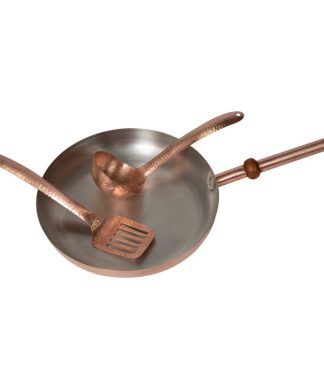 12" Round Plain Copper Pan With Tin Layer, Copper Handle, Copper Ladle and Spatu