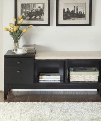 Wooden Bench with Fabric Upholstered Seat Cushion & Storage Space, Black