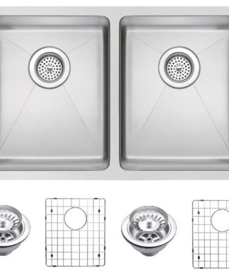 50/50 Double Undermount Sink With Coved Corners, Drain, Strainers, Bottom Grid