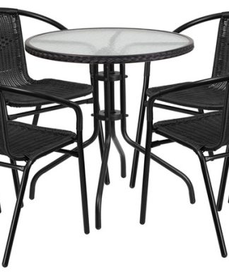 28" Round Glass Metal Table With Rattan Edging And 4 Rattan Stack Chairs