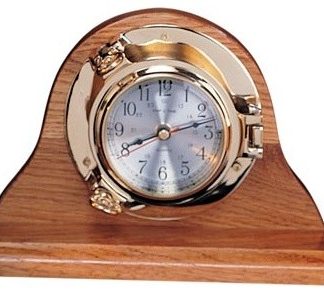 7.5" Polished Brass Quartz Porthole Clock on Oak Wood Base