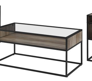 3-Piece Metal and Glass Accent Table Set - Dark Walnut