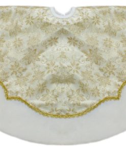 48" Gold Poinsettia Glitter Christmas Tree Skirt with a Velvet Border