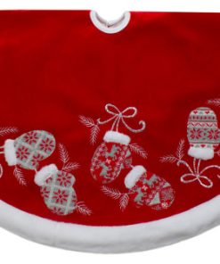 48" Red and White Embroidered Winter Mittens Christmas Tree Skirt