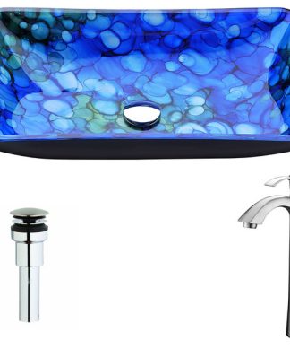 Voce Deco-Glass Vessel Sink, Lustrous Blue With Harmony Faucet, Brushed Nickel