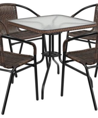 28" Glass Metal Table, Dark Brown Rattan Edging, 4 Rattan Stack Chairs