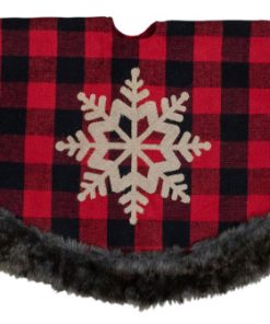 48" Red and Black Christmas Tree Skirt with Burlap Snowflake