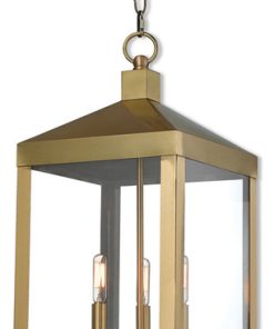 3 Light Outdoor Pendant Lantern, Antique Brass
