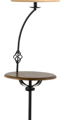 150W 3 Way Iron Floor Lamp with Wood Tray Table, Cherry Finish, Golden