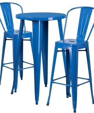 24" Round Blue Metal Indoor-Outdoor Bar Table Set With 2 Cafe Barstools