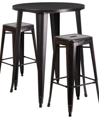 30" Round Black-Antique Gold Metal Indoor/Outdoor Bar Table Set