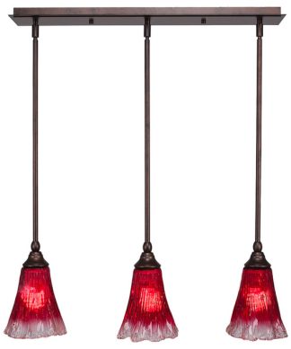 3-Light Mini Pendant, Bronze, 5.5" Fluted Raspberry Crystal Glass