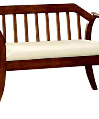 Wooden Slatted Back Bench with Leatherette Padded Seat, Brown