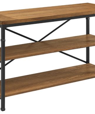 Wooden TV Stand with Two Open Shelves and Metal Feet, Brown and Black