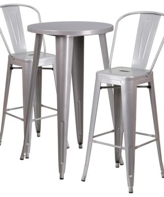 24" Round Silver Metal Indoor-Outdoor Bar Table Set With 2 Cafe Barstools