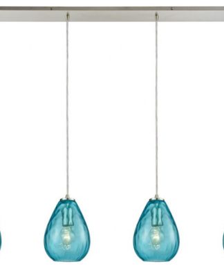4 Light Linear Mini Pendant Light Aqua Water Glass Satin Nickel Finish
