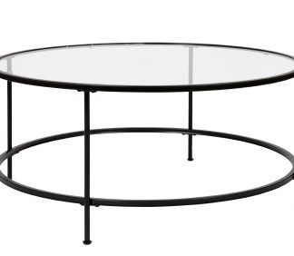 3 Piece Coffee and End Table Set Glass Top, Round Frame, Clear and Matte Black