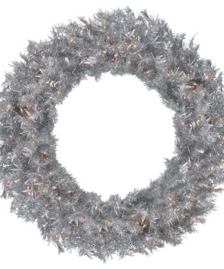 36" Pre-Lit Silver Tinsel Artificial Christmas Wreath Clear Lights