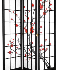 7' Tall Cherry Blossom Shoji Screen, Black, 3 Panels