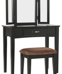 Wooden Vanity Set with 3 Sided Mirror and Padded Stool, Black