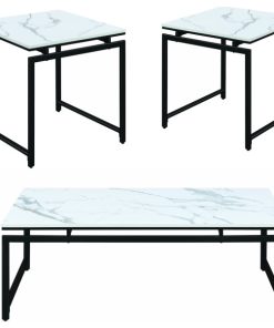 3 Piece Metal Base Occasional Table Set with Faux Marble Top, Black and White