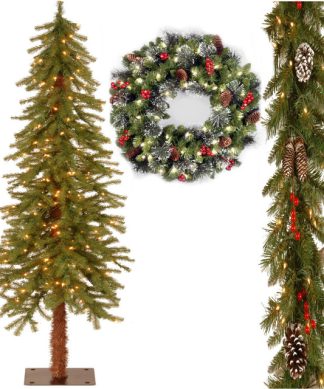 6' Hickory Cedar Tree, Frosted Berry Garland, 24" Crestwood Spruce Wreath