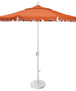 9' Matte White Greek Key Patio Umbrella, Push Button Tilt and Tassels, Melon