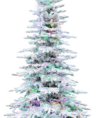 6.5' Slim White Pine Flocked Christmas Tree With Multi-Color String Lights