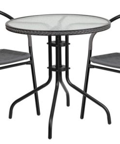 28" Round Glass Metal Table With Rattan Edging And 2 Rattan Stack Chairs