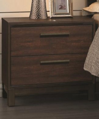 Wooden Nightstand with Two Drawers and Metal Bar Handles, Brown