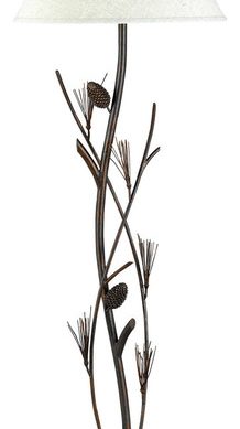 150W 3 Way Pine Twig Iron Floor Lamp, Rust Finish, Gray White Shade