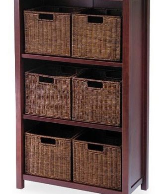 Winsome Milan 3 Shelf Storage Unit with 6 Wired Baskets in Antique Walnut