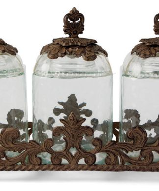 3-Piece Glass Canister Set With Acanthus Leaf Metal Base
