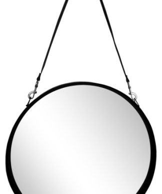 28" Round Mirror With Leather Strap, Black
