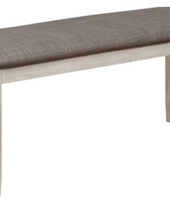 Wooden Bench with Fabric Upholstered Seat and Chamfered Legs,White and Gray