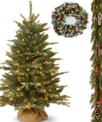 4' Burlap Tree With 9'x10" Frosted Berry Garland and 24" Wreath