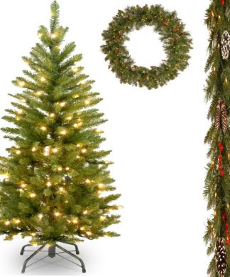 4-1/2' Fir Hinged Pencil Tree With Frosted Berry Garland and 36" Wreath