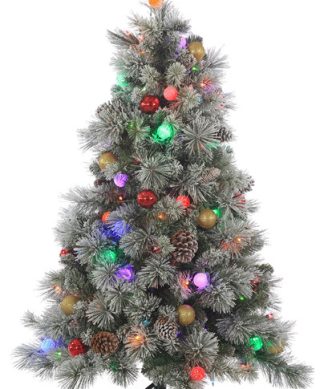 4.5Ft Pre-Lit Flocked Pine With Ornaments and G40 Multi-Colored LED Glass Bulbs