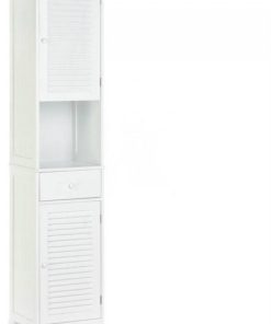 White Slatted Tall Slim Storage Cabinet