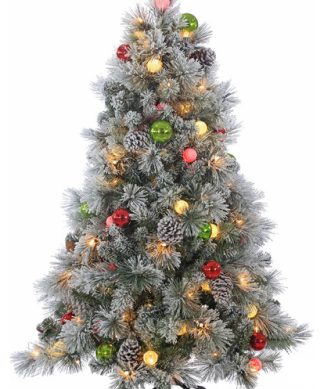 4.5Ft Pre-Lit Flocked Hard Needle Pine With Ornaments and 50 G40 LED Glass Bulbs