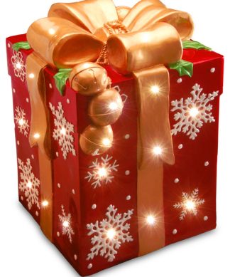 21.25" Red Gift Box With Gold Bow, White Snowflake Designs and 31 White LED