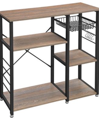 Wooden Bakers Rack with 4 Shelves and Wire Basket, Brown and Black