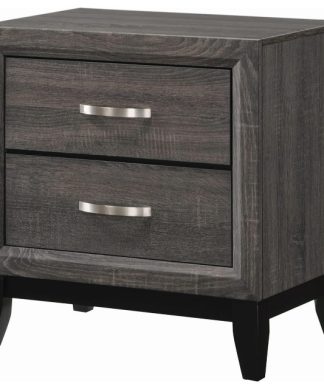 Wooden Nightstand with 2 Drawers and Chamfered legs, Gray and Black