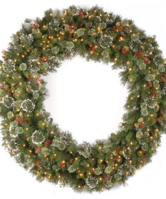 60" Wintry Pine Wreath With Cones, Red Berries, Snowflakes and 300 Clear Lights