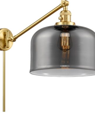 X-Large Bell 1 Light Swing Arm or Wall Lamp, Satin Gold, Plated Smoke Glass